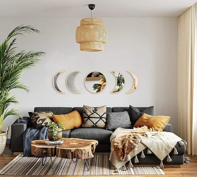 MAXROCK Moon Phase Mirror Set, 5 Piece Scandinavian Natural Decor Wall - Image 2