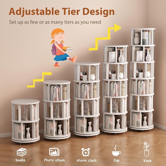 Muwuele Solid Wood Rotating Bookshelf on Wheels, 6 Tier, Round Revolving - Image 7