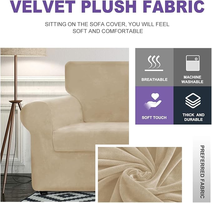 ZNSAYOTX Luxury Velvet Couch Cover 4 Piece Stretch Sofa Covers - Image 3