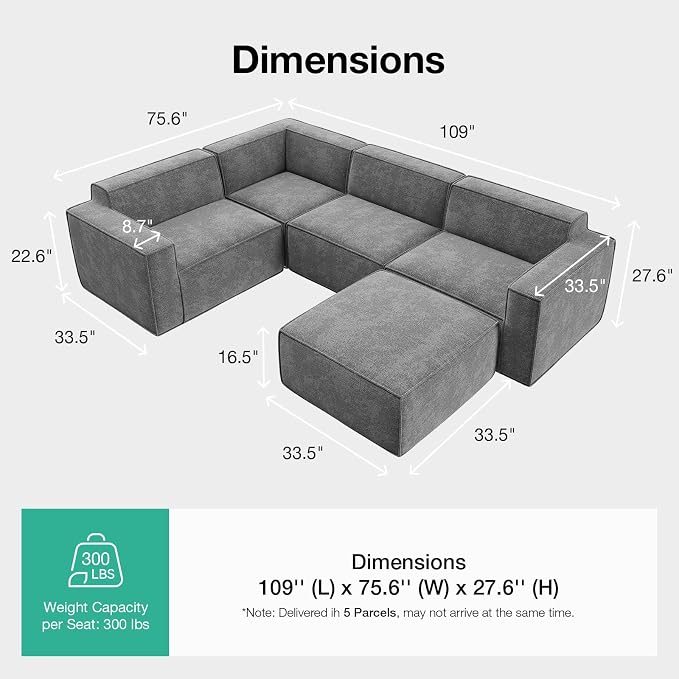 Novilla 109" Modular Sectional Sofa, No Assembly Cloud Sectional Couch - Image 2