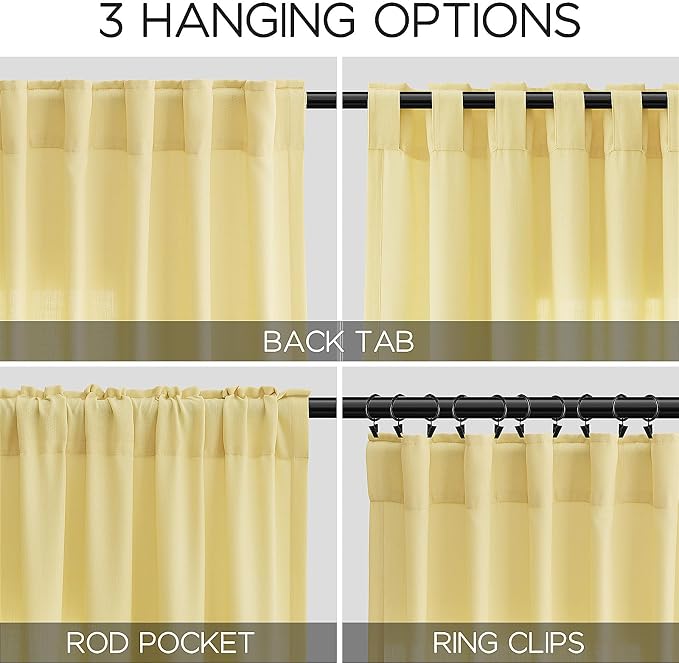 Yellow Linen Boho Curtains for Bedroom Back Tab Rod Pocket Semi Sheer Linen - Image 3
