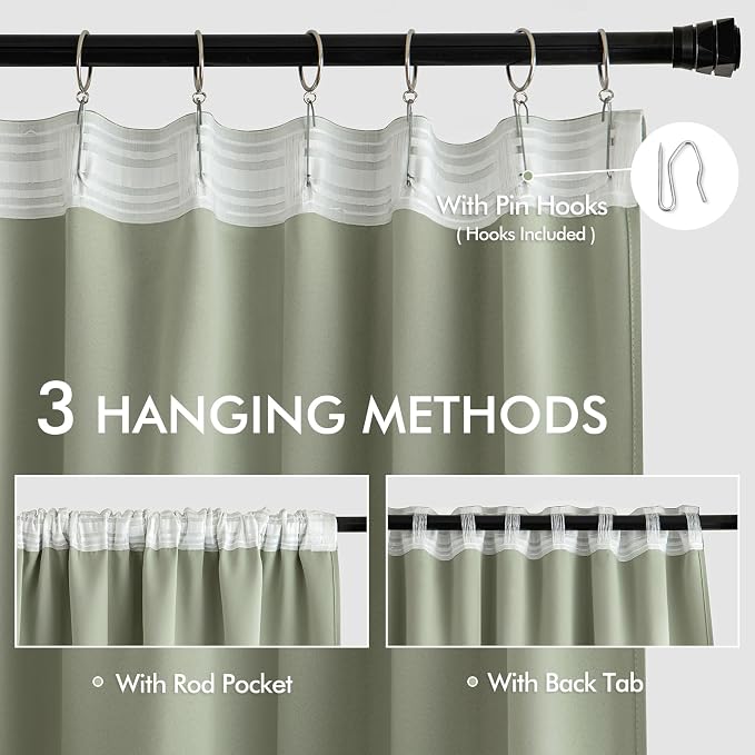MIULEE Sage Green Back Tab Blackout Curtains 52x108 Inch Long 2 Panels Set | - Image 3