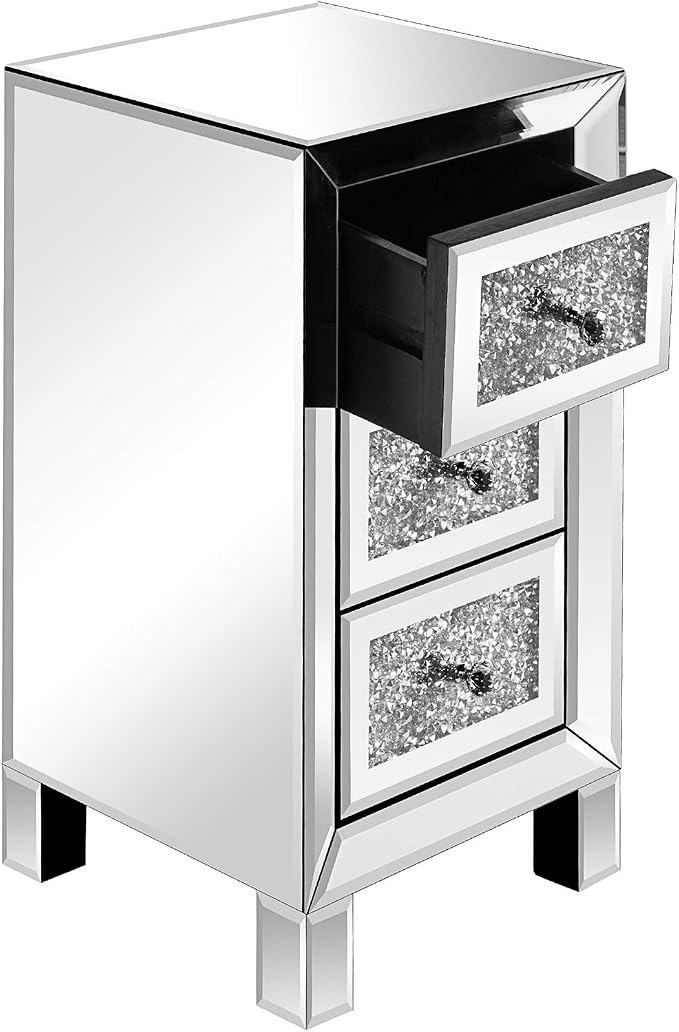 VINGLI 3-Drawer Mirrored Nightstand Bedside Table Glass Accent End Table by VINGLI