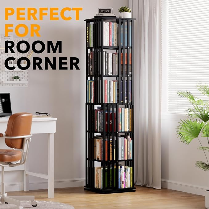 SpaceAid 6 Tier Rotating Bookshelf Tower, Bamboo Spinning Book Shelf, Revolving - Image 5