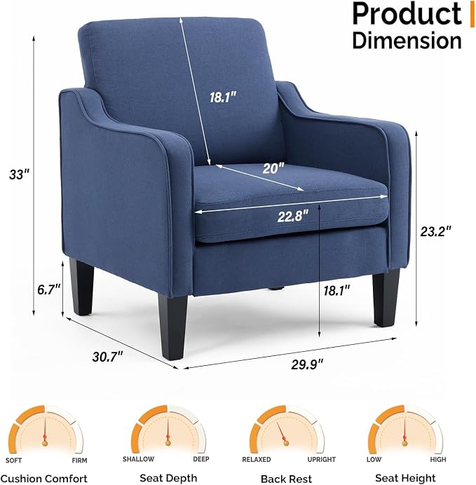 VINGLI Navy Blue Accent Chairs for Living Room, Line Comfy Upholstered Chair - Image 2