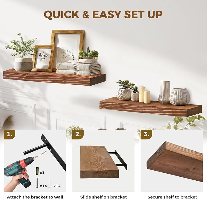 24x8x1.6 inch Floating Shelves Set of 2 – Solid Wood Rustic Brown Wall Mounted - Image 5