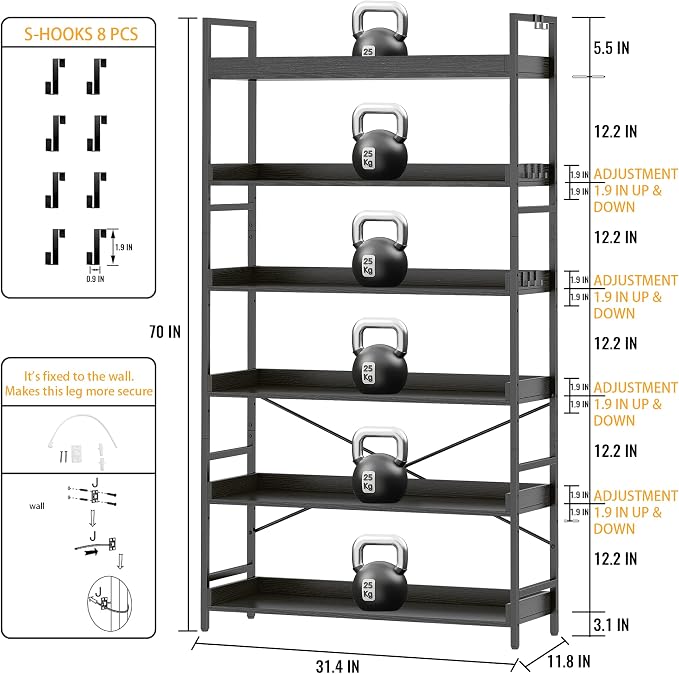 HCHQHS Bookshelf, Adjustable Industrial Bookcase, Vertical Tall Book Shelf - Image 3