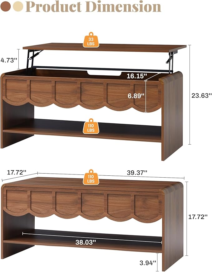 Lift Top Coffee Table with Hidden Compartment, 2 Tier Wooden Center Table with - Image 2