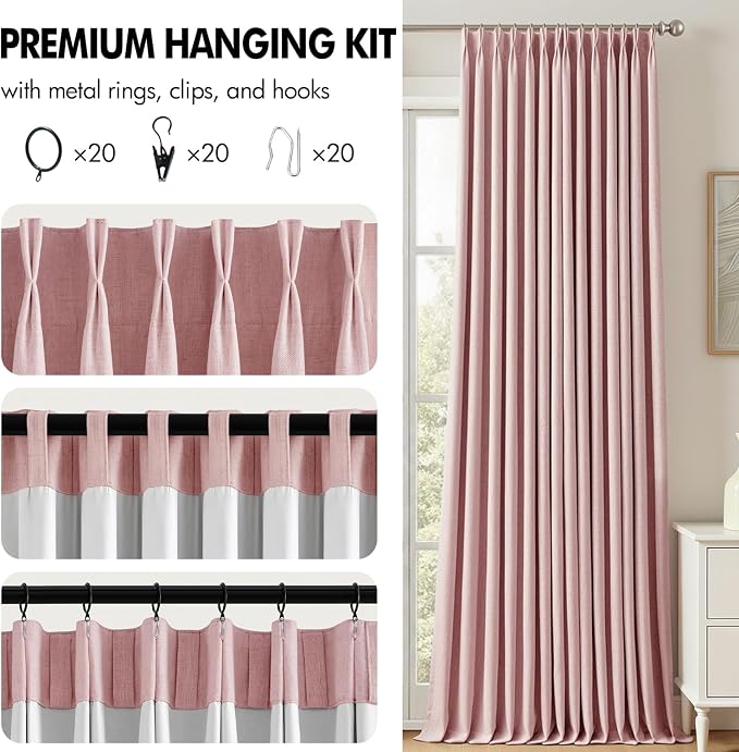 MIULEE Pink Pinch Pleated 100% Blackout Linen Curtains 40x84 Inches | Room - Image 8