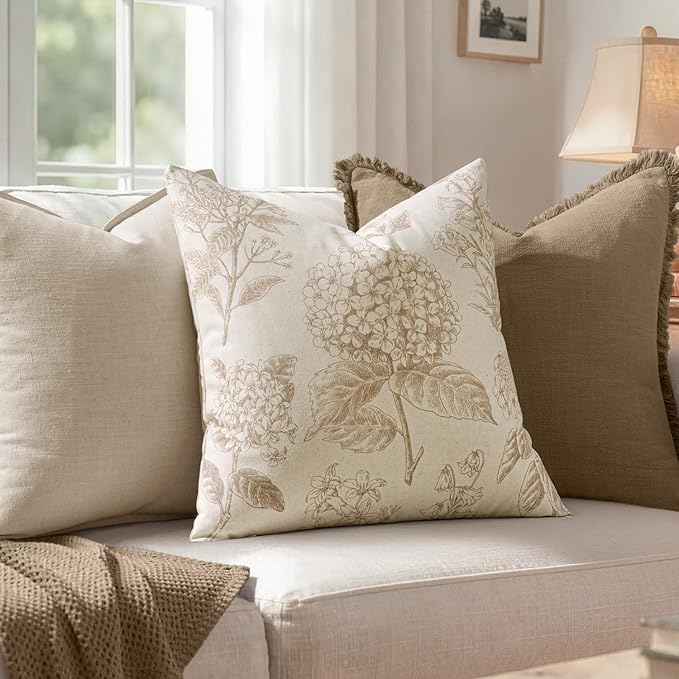 Set of 2 Decorative Floral Pillow Covers 22x22 Inch Tan Beige | Neutral - Image 3
