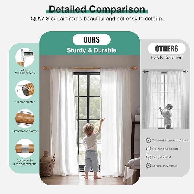 QDWIS 2 Pack Boho Wood Curtain Rods - Image 3