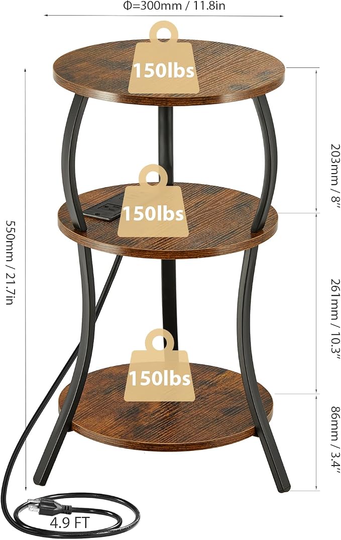 Small Round Side Table with Charging Station, 3-Tier Waist Circular End Table - Image 3