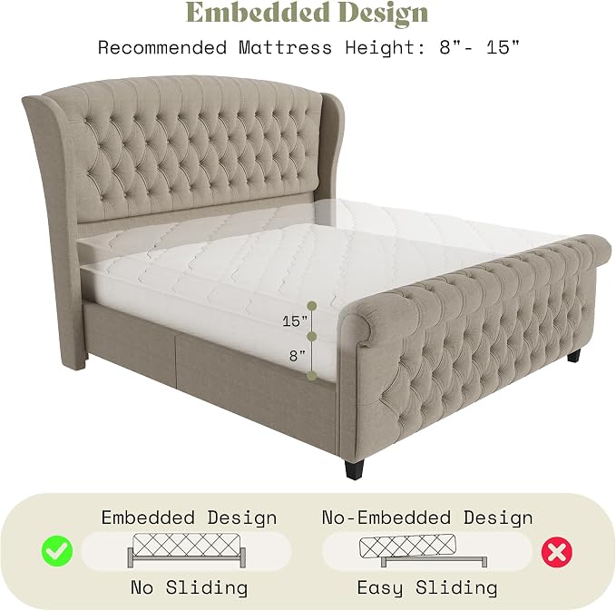 AMERLIFE King Size Platform Bed Frame, Linen Upholstered Sleigh Bed - Image 8