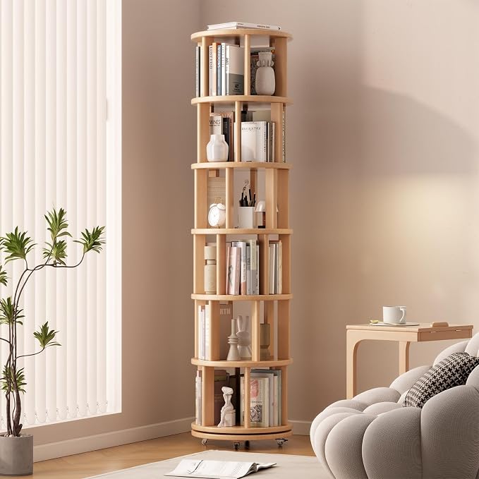 Muwuele Solid Wood Rotating Bookshelf on Wheels, 6 Tier, Round Revolving by Muwuele