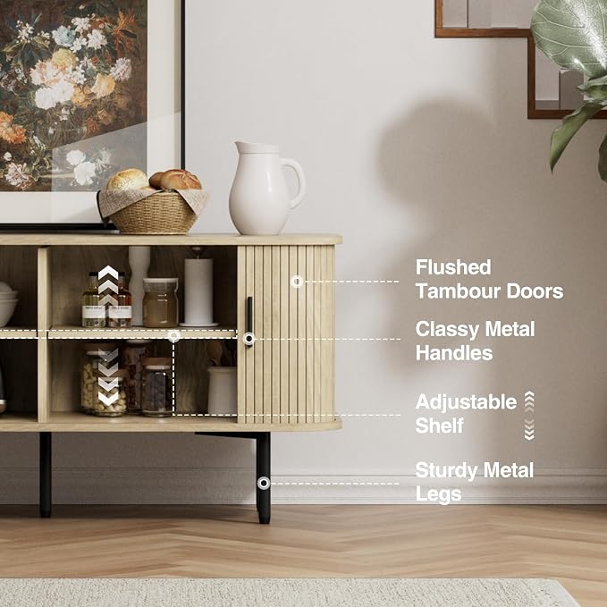 55''W Natural Storage Cabinet, Media Console, Tambour TV Stand, Television - Image 6