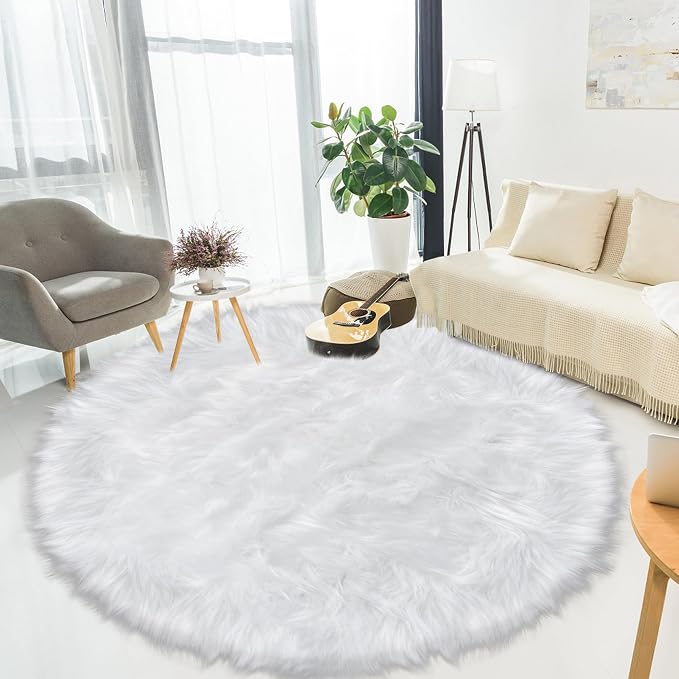 6ft Sheepskin Faux Fur White Round Rugs - Image 7