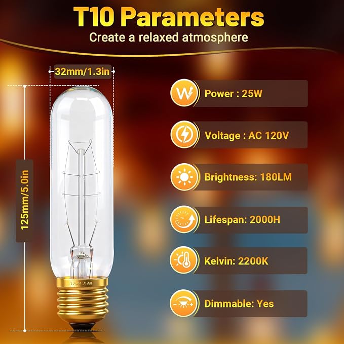 T10 Tubular Light Bulbs 25 Watt Incandescent Light Bulb, T10 Bulb, 120V 25W - Image 6