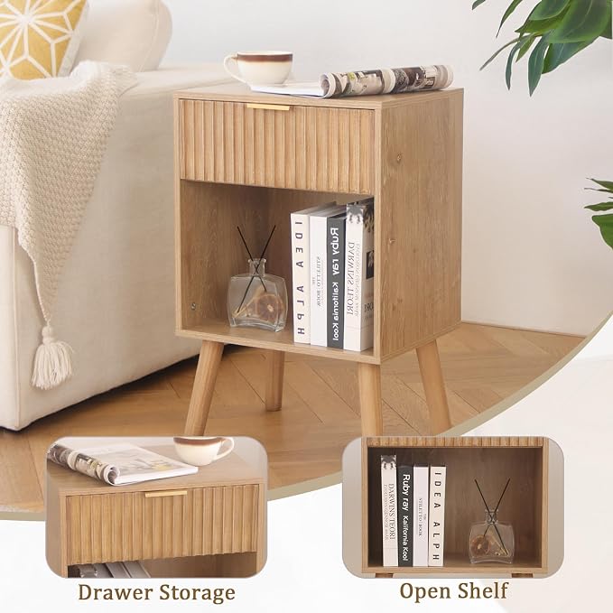Fultyle Wood Nightstand with Charging Station, Bedside Table with Fluted - Image 6