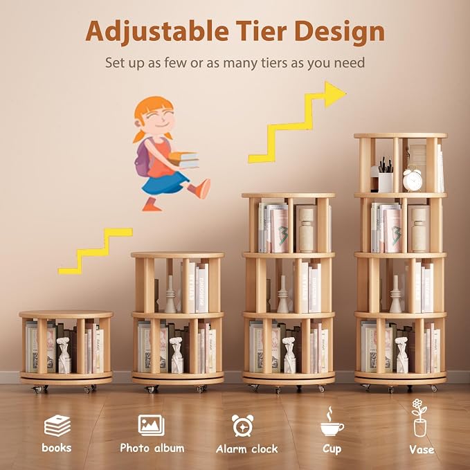 Muwuele Solid Wood Rotating Bookshelf on Wheels, 4 Tier, Round Revolving - Image 7