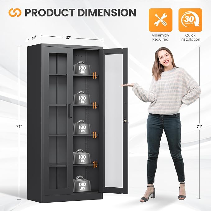 Locking Display Cabinet with Glass Door, 71”H Metal Curio Cabinets with - Image 3
