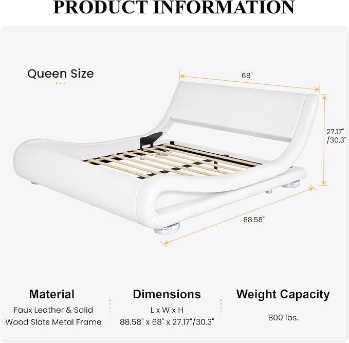 SHA CERLIN Queen Size Upholstered Bed Frame, Deluxe Low Profile Sleigh Bed - Image 2