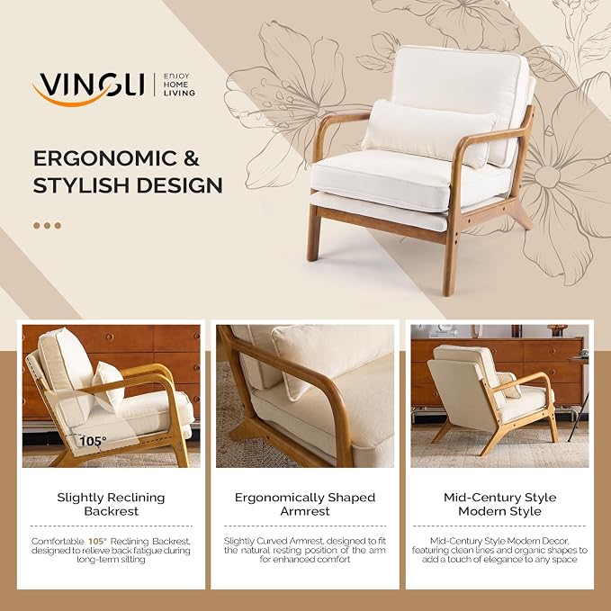 VINGLI Chenille Mid-Century Modern Accent Chair Set of 2, Cute Reading Arm Chair - Image 4