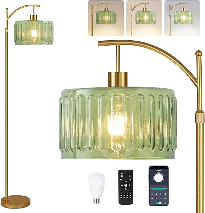 QIYIZM Glass Floor Lamp for Living Room, Mid Century Modern Brass Tall Lamp by QIYIZM