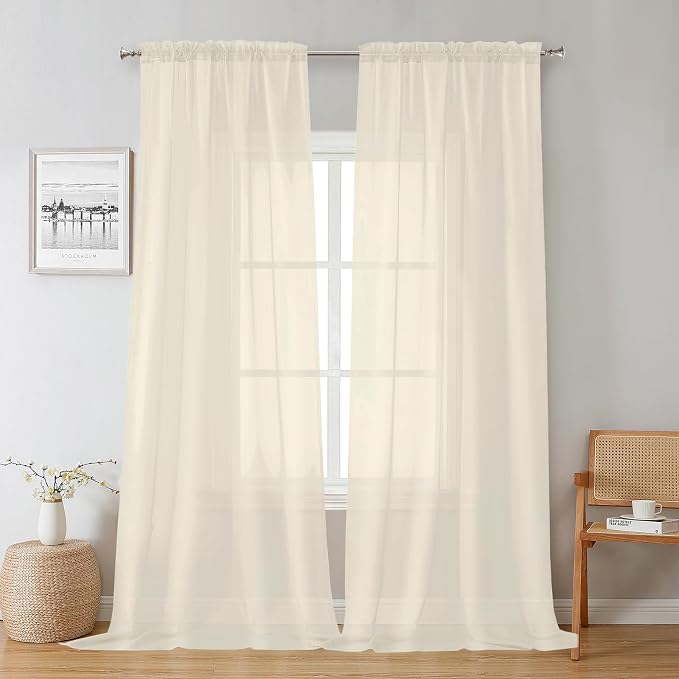 Cream Sheer Curtains 96 Inches Long 2 Panels, Elegant Light Filtering Voile by Lecloud