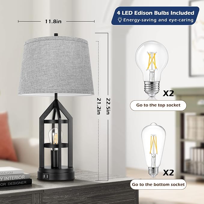 BesLowe 2-Light Farmhouse Rustic Touch Table Lamps Grey, 3-Way Dimmable Bedside - Image 5