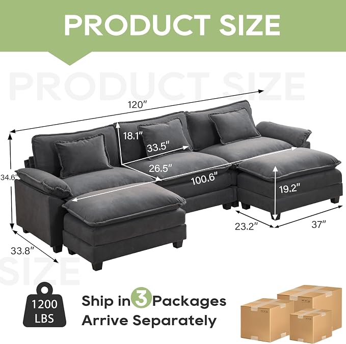 Oprisen 120" Modular Sectional Sofa, Comfy Cloud Couch Sectional Sofa - Image 2