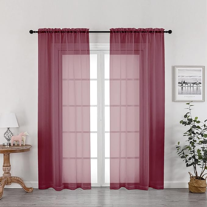 Burgundy Red Sheer Curtains 72 Inches Long 2 Panels Set, Transparent Voile by OWENIE