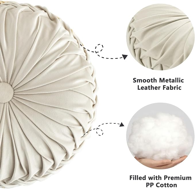 HIG Set of 2 Beige Velvet Decorative Round Pleated Throw Pillows | Vintage - Image 4