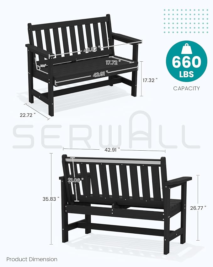 SERWALL Outdoor Bench, HDPE Outdoor Benches Weatherproof, 2-Person Garden Bench - Image 3