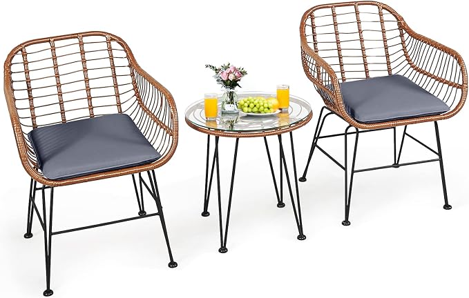 Tangkula 3 Pieces Patio Conversation Bistro Set, Outdoor Wicker Furniture by TANGKULA