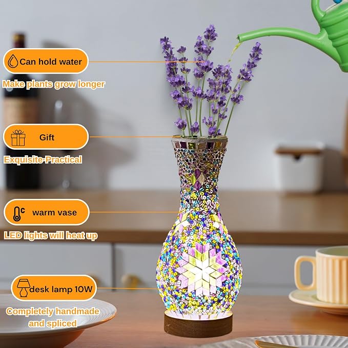 Turkish Mosaic Table Lamp, Moroccan Style Colorful Handmade Glass Vase - Image 3
