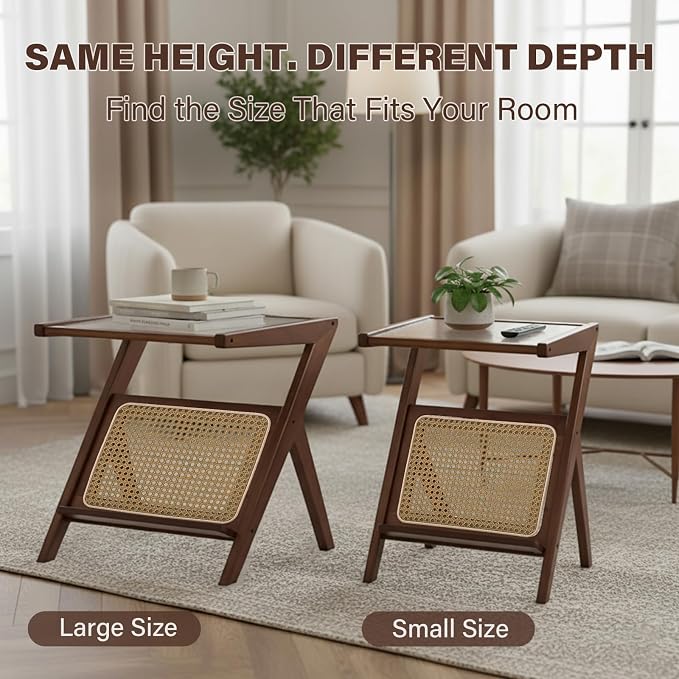 Tiita Rattan Nightstand Side Table, Bamboo Accent Bedside Tables, Glass Coffee - Image 8