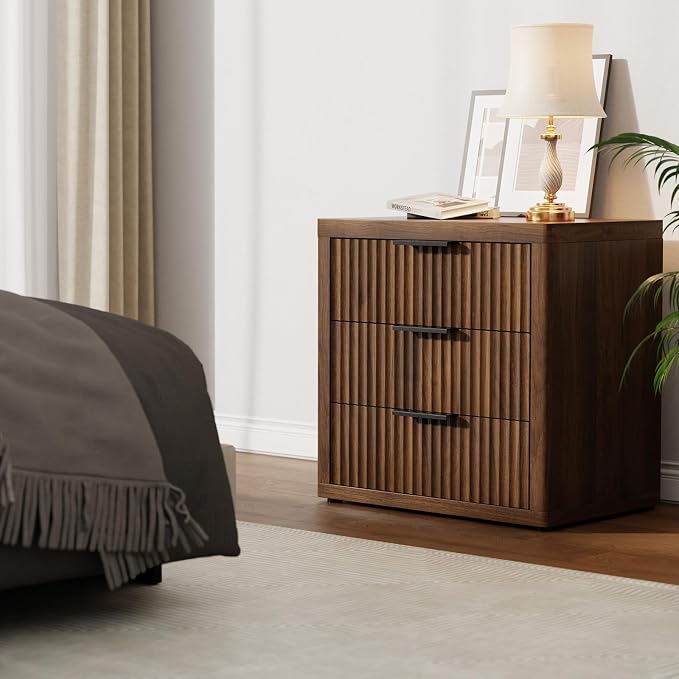 Fluted Nightstand with 3 Drawers, Tall Bed Side Table with Metal Handle - Image 8