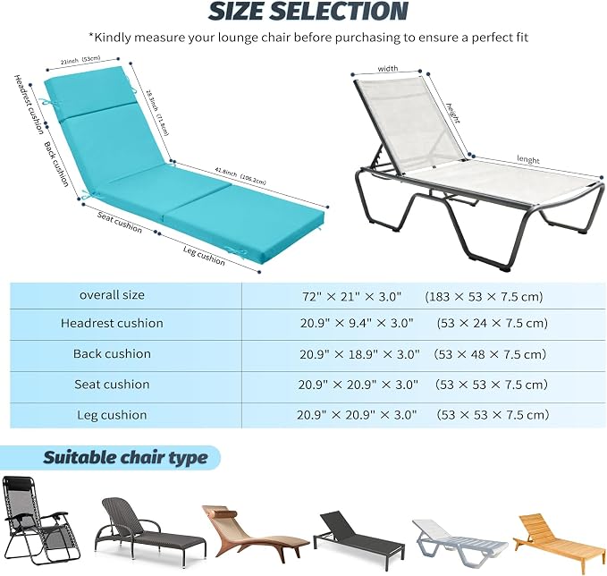 2 Pcs Outdoor Chaise Lounge Cushion 72" x 21" x 3", 4-Section Folding Patio - Image 3