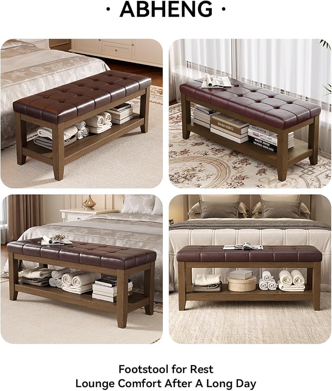 ABHENG Solid Rubber Wood Shoe Bench, Easy-Clean PU Upholstered Seat, 770LB Load - Image 5