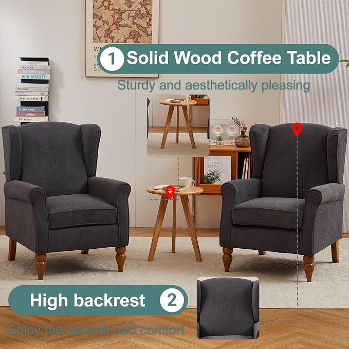 Mid-Century High Wingback Chair Set of 2, Modern Fabric Accent Chair Armchair - Image 4