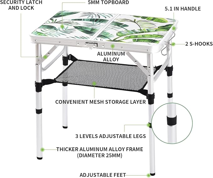 Folding Camping Table 2ft Portable Picnic Table Adjustable Height Small Card - Image 4