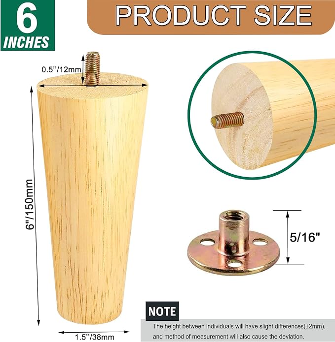 Yaliuliu 6 Inches Round Solid Wood Furniture Legs Set of 4, Natural Wooden - Image 3