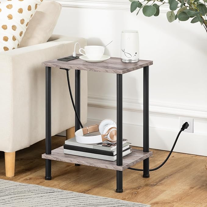 HOOBRO Side Table with Charging Station, Nightstand with 2-Layer Storage Shelves - Image 5