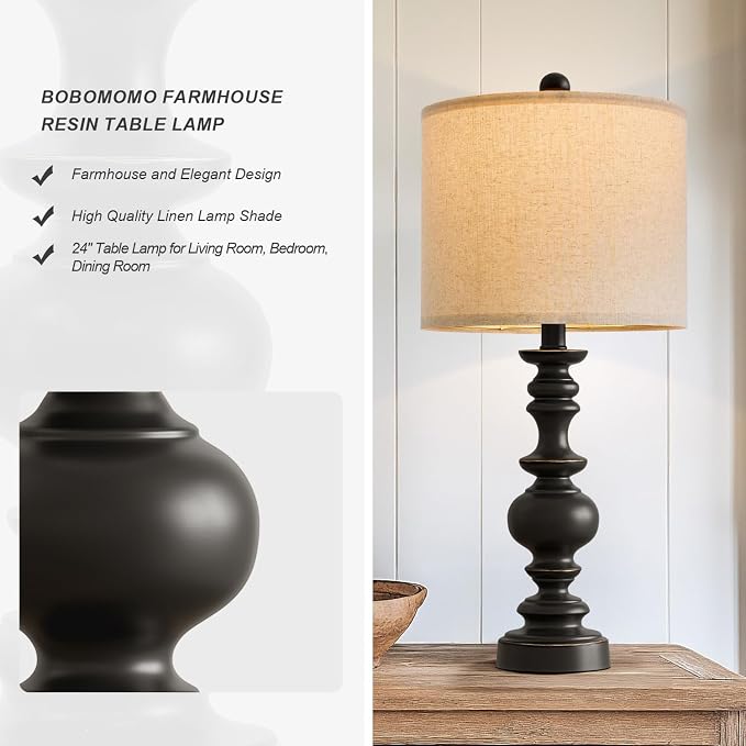 BOBOMOMO 24" Traditional Farmhouse Table Lamp Set of 2, Vintage Resin Lamps - Image 3