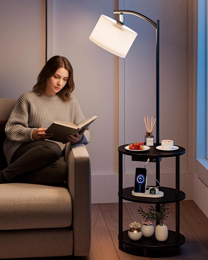 Round Side Table with Lamp and USB Ports, 3-Tier Small End Table - Image 2