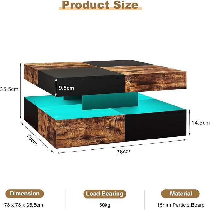 HedoAjim LED Coffee Table for Living Room, Living Room Table 2-Tier Square - Image 5