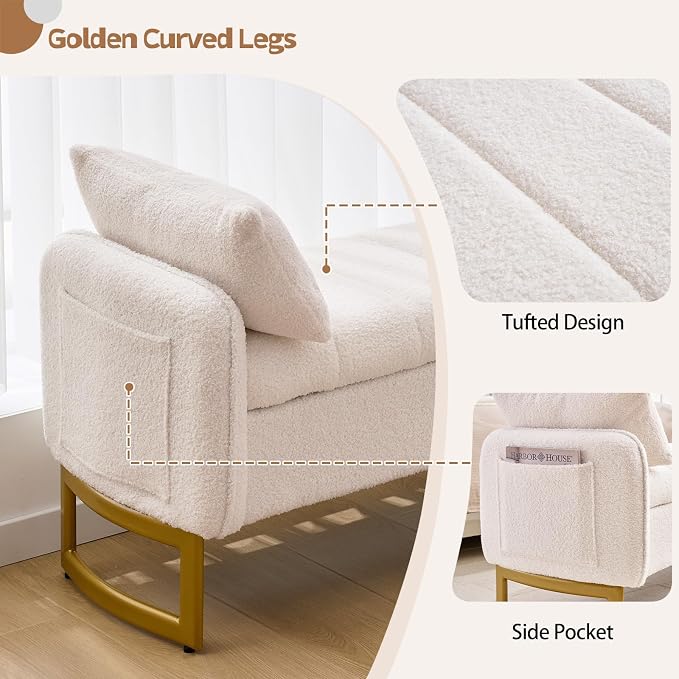 66" End of Bed Bench King Size, Teddy Boucle Storage Bench - Image 4