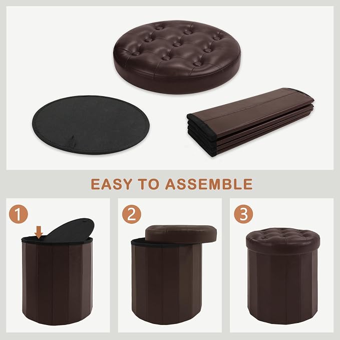 CAROLMADE Round Storage Ottoman, PU Leather Folding Footrest Stool - Image 8
