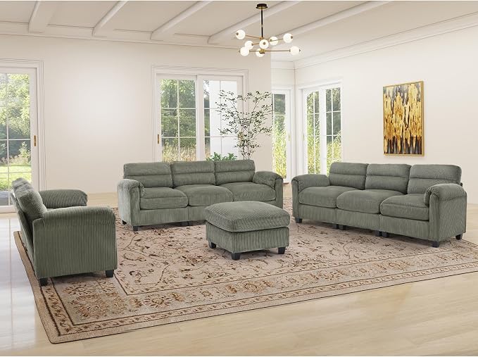 HAOMARKETS Corduroy Sofa Set, Upholstered Ottoman, Modern Loveseat and 3-Seater by HAOMARKETS