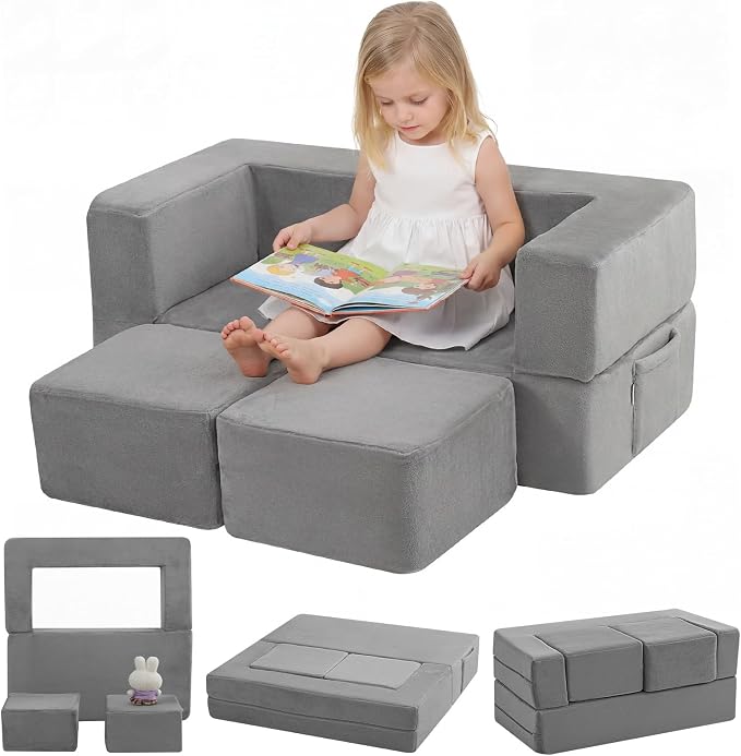 MeMoreCool Kids Play Couch Sofa – Grey Modular Convertible Foam Couch Soft by MeMoreCool